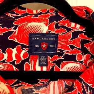 Men’s 3XL Tall “Hawaiian shirt”, float & light. Red on navy fish design.